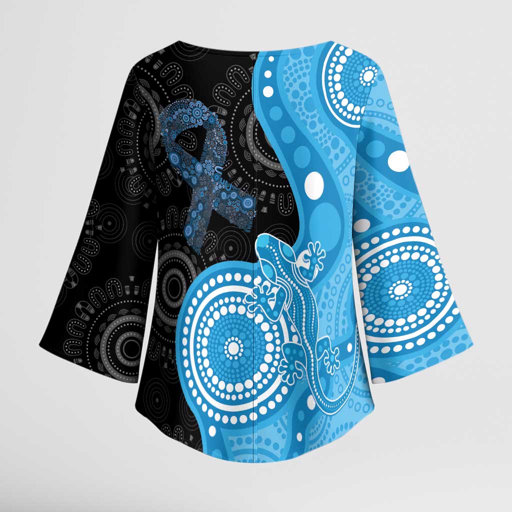 Australia Autism Awareness Month Kimono Sleeve Blouse Indigenous Lizard With Blue Ribbon - Aussie Hoodie