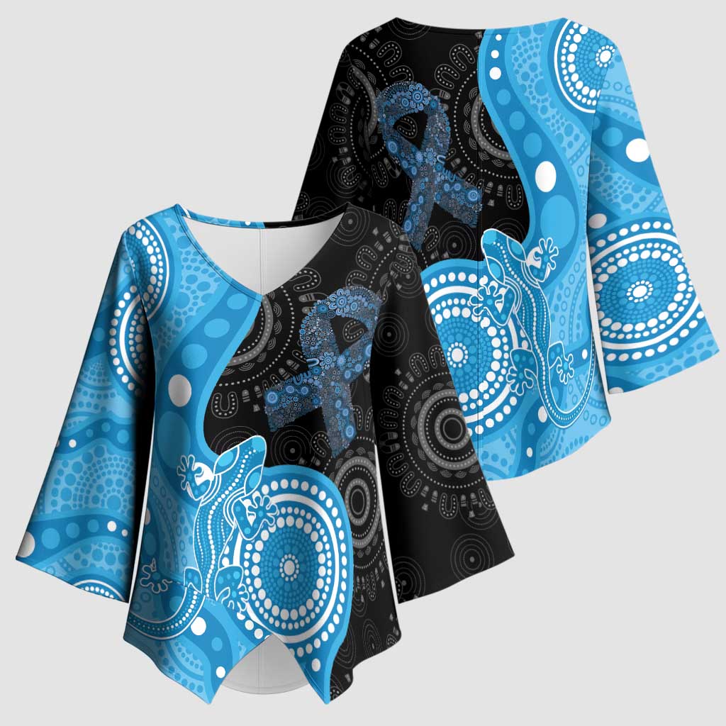 Australia Autism Awareness Month Kimono Sleeve Blouse Indigenous Lizard With Blue Ribbon - Aussie Hoodie