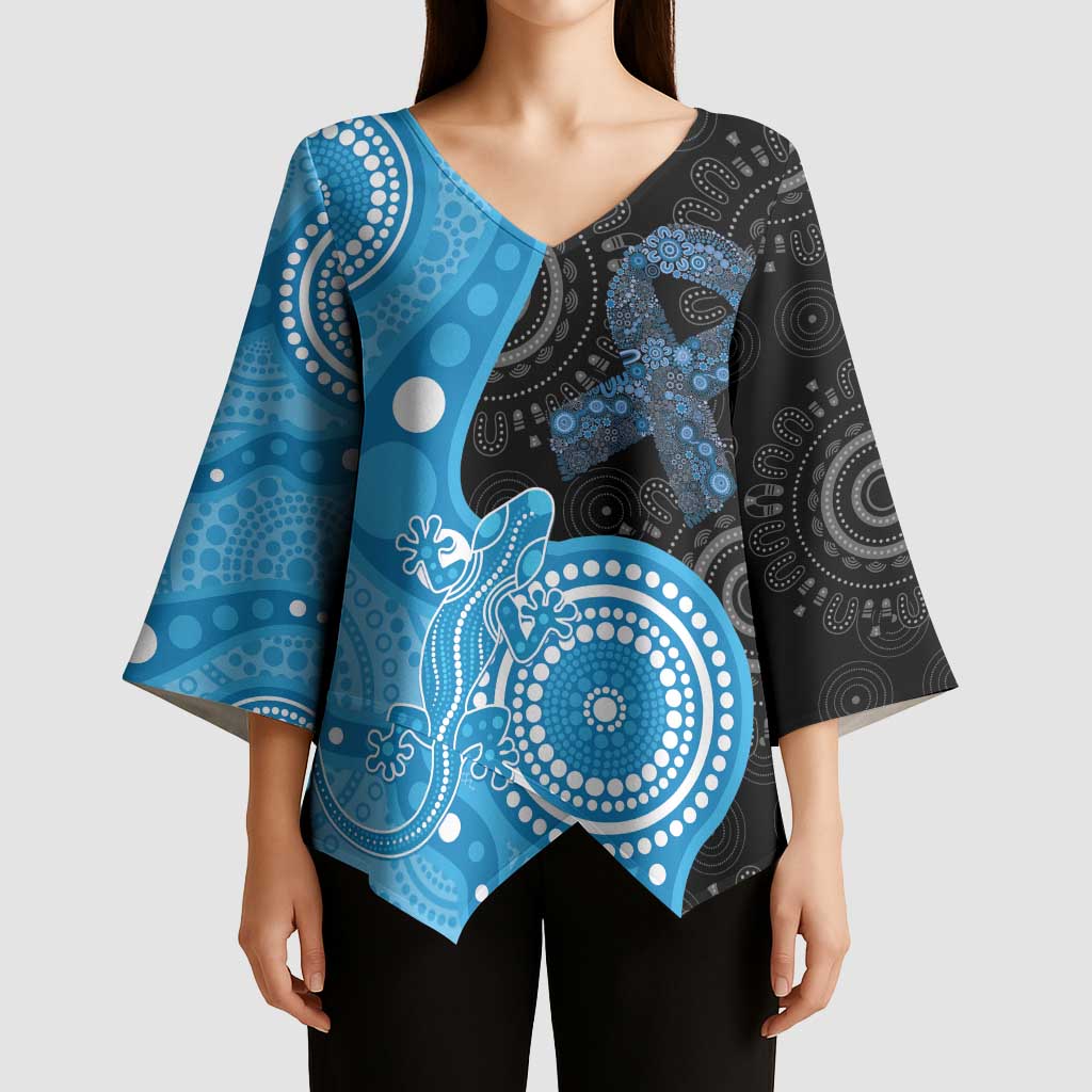Australia Autism Awareness Month Kimono Sleeve Blouse Indigenous Lizard With Blue Ribbon - Aussie Hoodie