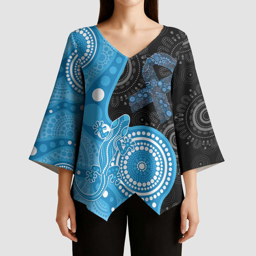 Australia Autism Awareness Month Kimono Sleeve Blouse Indigenous Lizard With Blue Ribbon - Aussie Hoodie