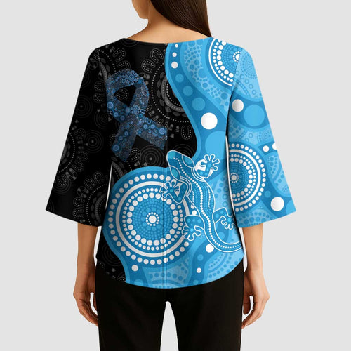 Australia Autism Awareness Month Kimono Sleeve Blouse Indigenous Lizard With Blue Ribbon - Aussie Hoodie