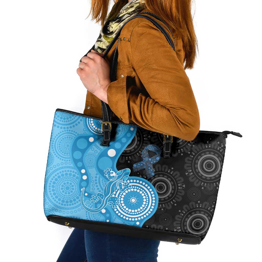 Australia Autism Awareness Month Leather Tote Bag Indigenous Lizard With Blue Ribbon - Aussie Hoodie