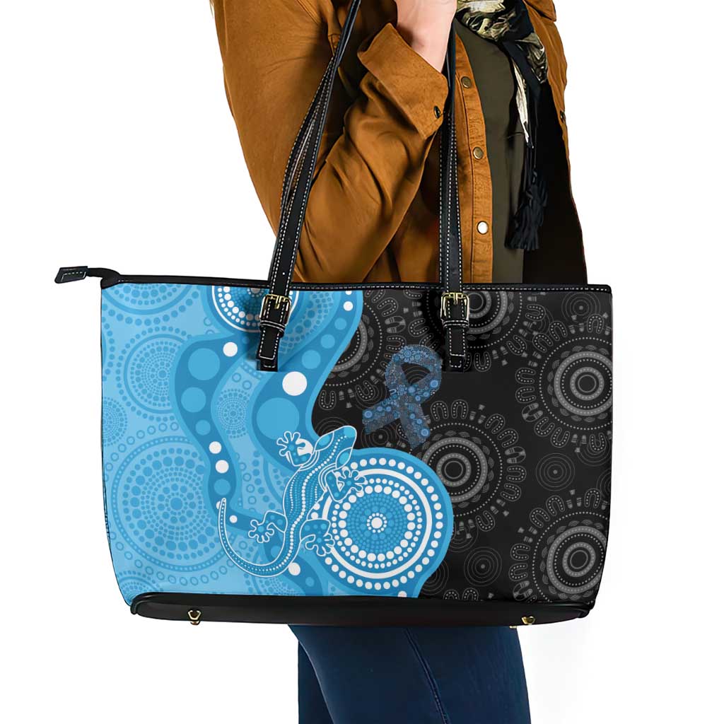 Australia Autism Awareness Month Leather Tote Bag Indigenous Lizard With Blue Ribbon - Aussie Hoodie