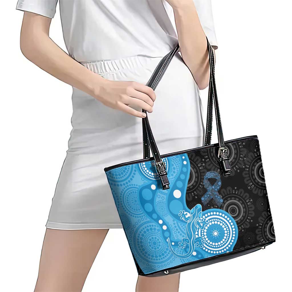 Australia Autism Awareness Month Leather Tote Bag Indigenous Lizard With Blue Ribbon - Aussie Hoodie