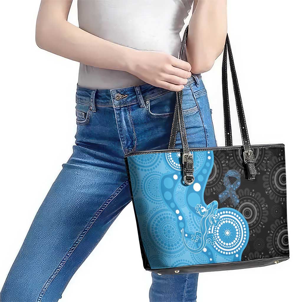 Australia Autism Awareness Month Leather Tote Bag Indigenous Lizard With Blue Ribbon - Aussie Hoodie