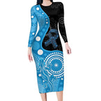 Australia Autism Awareness Month Long Sleeve Bodycon Dress Indigenous Lizard With Blue Ribbon - Aussie Hoodie