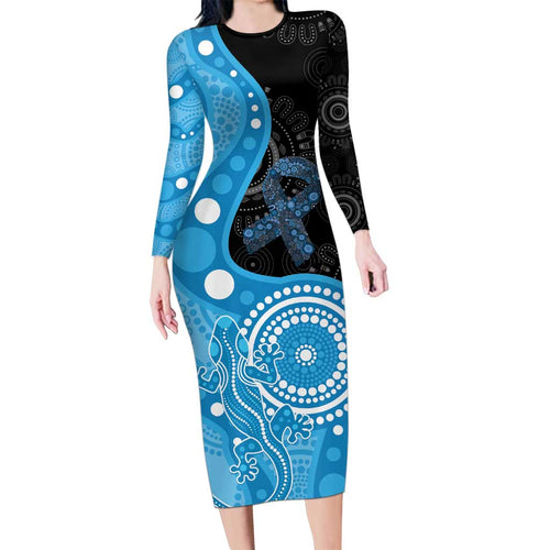 Australia Autism Awareness Month Long Sleeve Bodycon Dress Indigenous Lizard With Blue Ribbon - Aussie Hoodie