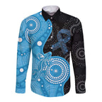 Australia Autism Awareness Month Long Sleeve Button Shirt Indigenous Lizard With Blue Ribbon - Aussie Hoodie
