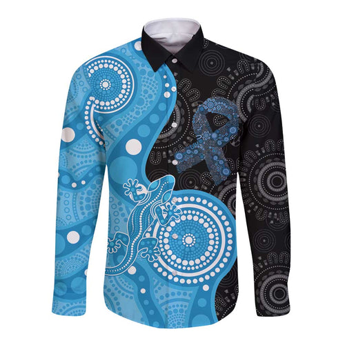Australia Autism Awareness Month Long Sleeve Button Shirt Indigenous Lizard With Blue Ribbon - Aussie Hoodie