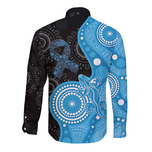 Australia Autism Awareness Month Long Sleeve Button Shirt Indigenous Lizard With Blue Ribbon - Aussie Hoodie