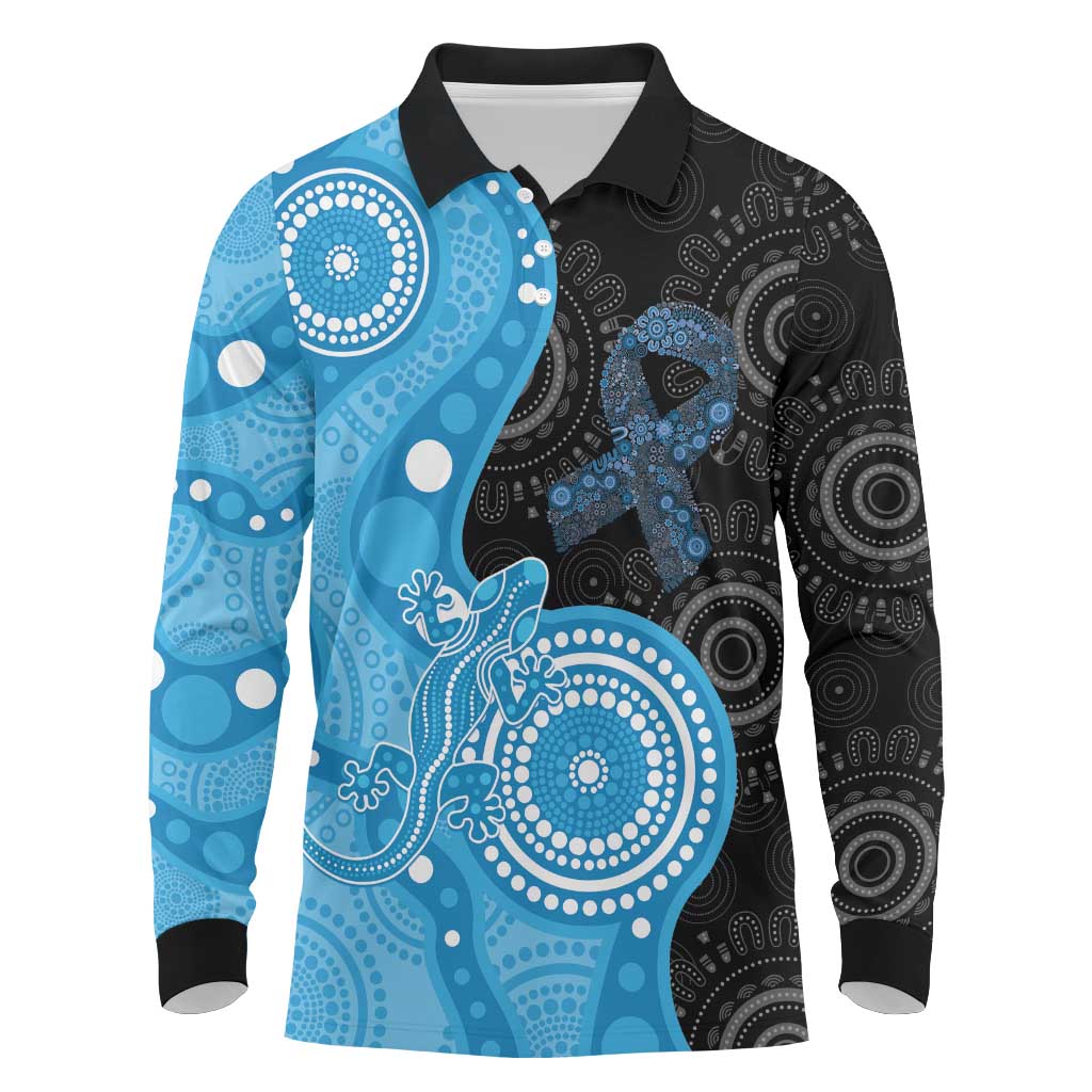 Australia Autism Awareness Month Long Sleeve Polo Shirt Indigenous Lizard With Blue Ribbon - Aussie Hoodie