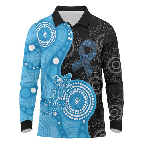 Australia Autism Awareness Month Long Sleeve Polo Shirt Indigenous Lizard With Blue Ribbon - Aussie Hoodie