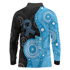 Australia Autism Awareness Month Long Sleeve Polo Shirt Indigenous Lizard With Blue Ribbon - Aussie Hoodie