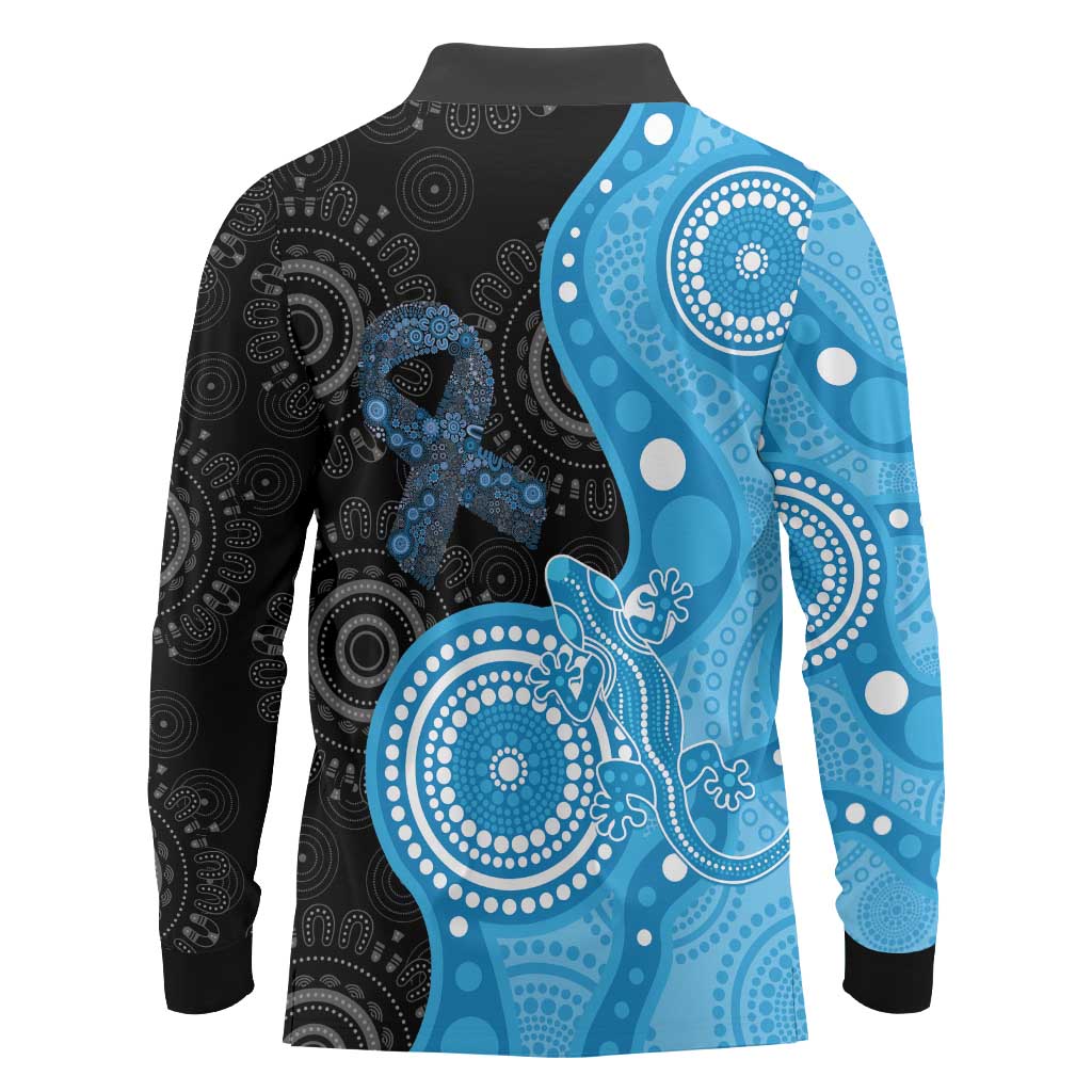 Australia Autism Awareness Month Long Sleeve Polo Shirt Indigenous Lizard With Blue Ribbon - Aussie Hoodie