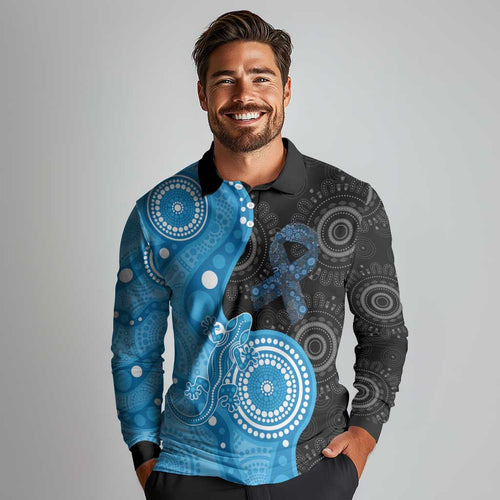 Australia Autism Awareness Month Long Sleeve Polo Shirt Indigenous Lizard With Blue Ribbon - Aussie Hoodie