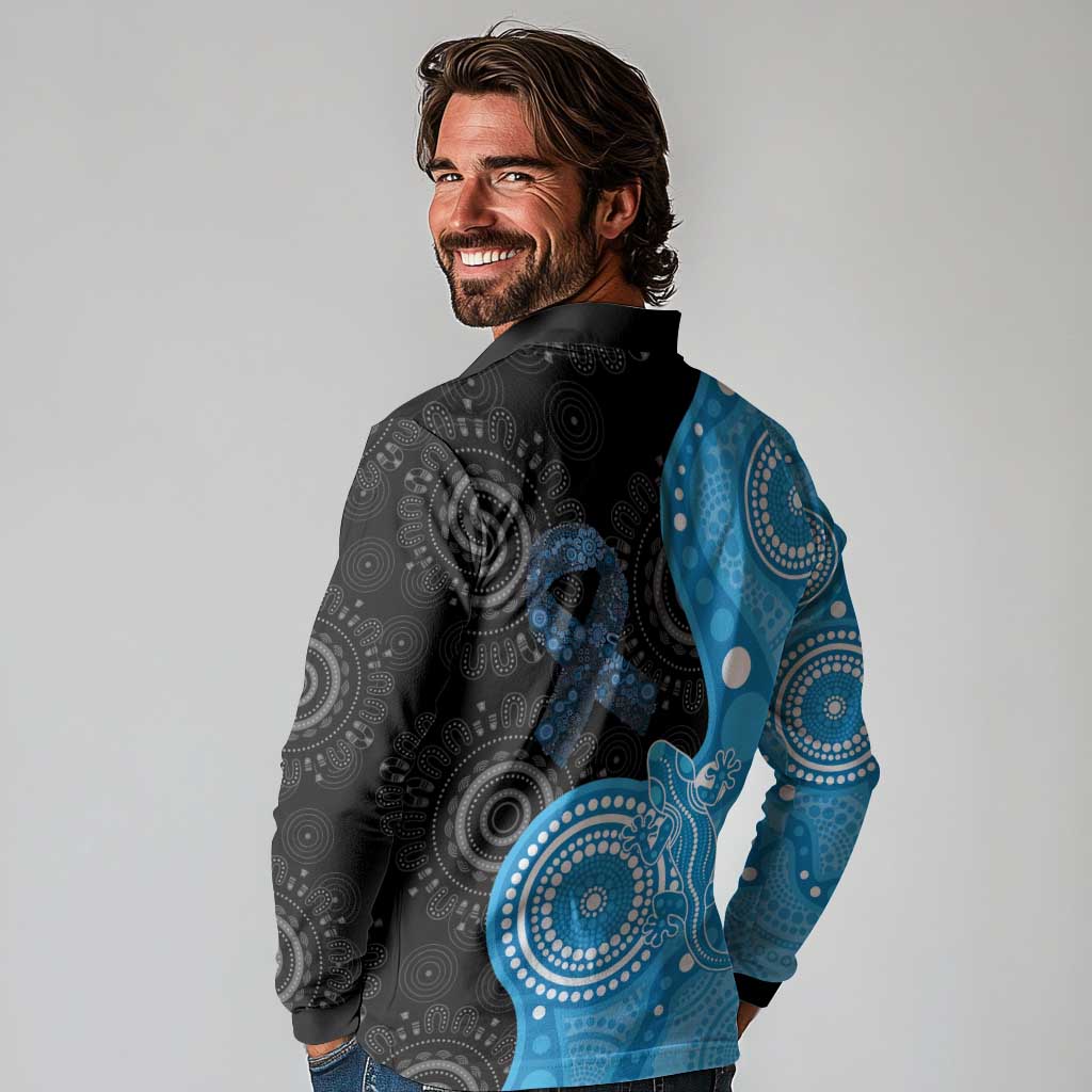 Australia Autism Awareness Month Long Sleeve Polo Shirt Indigenous Lizard With Blue Ribbon - Aussie Hoodie