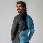 Australia Autism Awareness Month Long Sleeve Polo Shirt Indigenous Lizard With Blue Ribbon - Aussie Hoodie