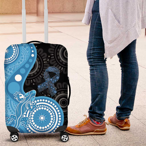 Australia Autism Awareness Month Luggage Cover Indigenous Lizard With Blue Ribbon - Aussie Hoodie
