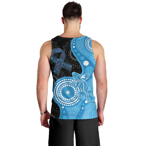 Australia Autism Awareness Month Men Tank Top Indigenous Lizard With Blue Ribbon - Aussie Hoodie