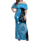 Australia Autism Awareness Month Off Shoulder Maxi Dress Indigenous Lizard With Blue Ribbon - Aussie Hoodie