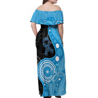 Australia Autism Awareness Month Off Shoulder Maxi Dress Indigenous Lizard With Blue Ribbon - Aussie Hoodie
