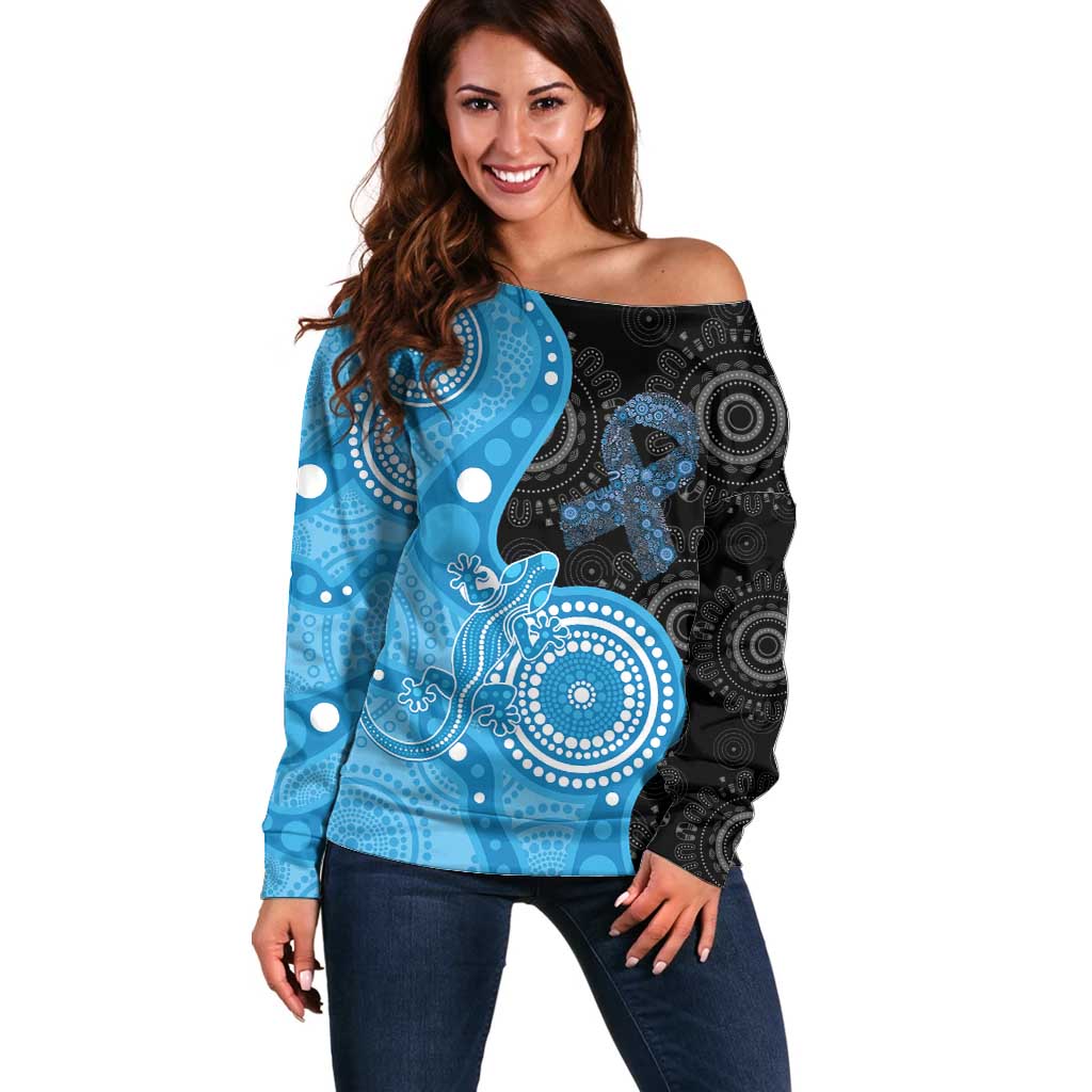 Australia Autism Awareness Month Off Shoulder Sweater Indigenous Lizard With Blue Ribbon - Aussie Hoodie