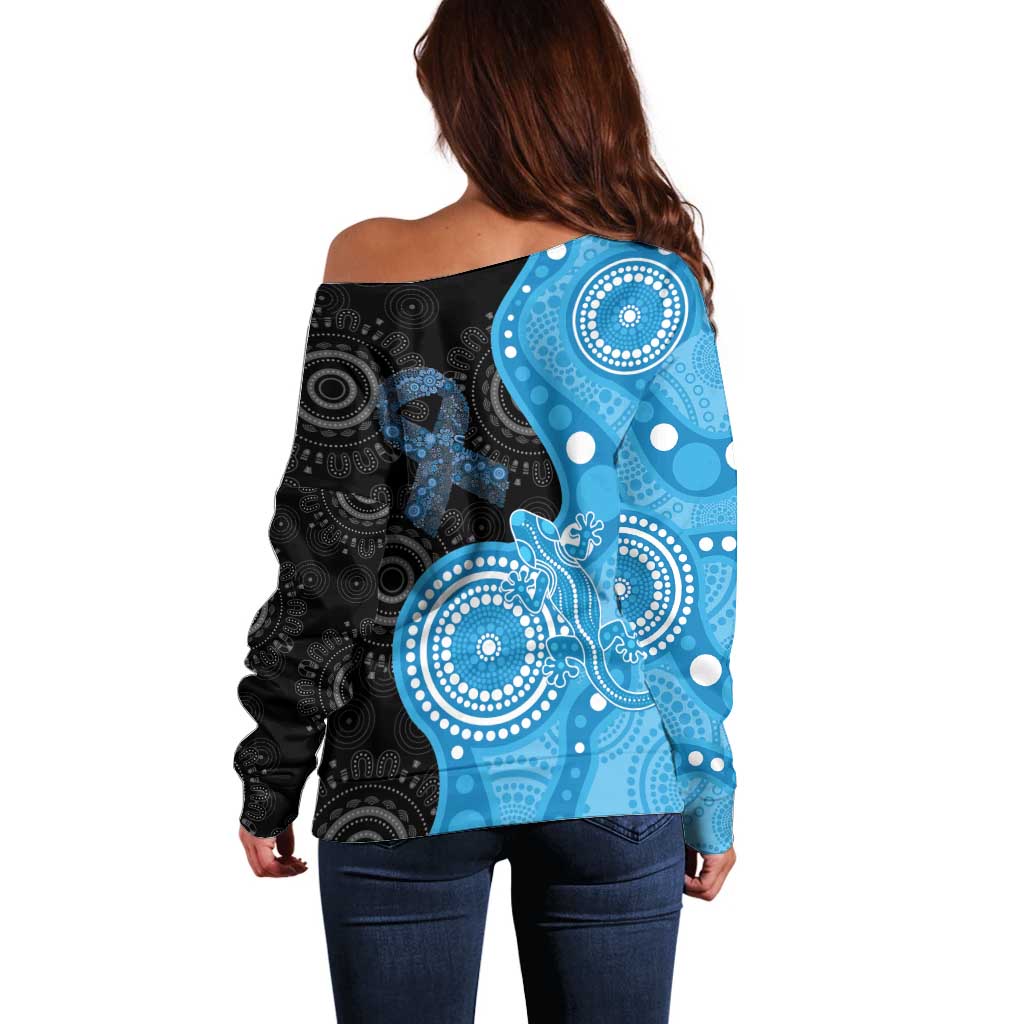 Australia Autism Awareness Month Off Shoulder Sweater Indigenous Lizard With Blue Ribbon - Aussie Hoodie