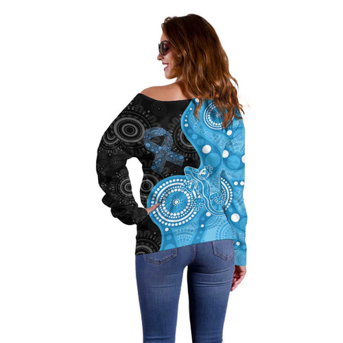 Australia Autism Awareness Month Off Shoulder Sweater Indigenous Lizard With Blue Ribbon - Aussie Hoodie