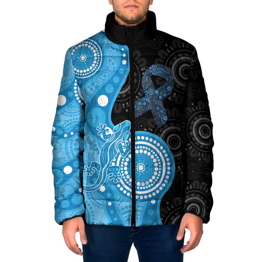 Australia Autism Awareness Month Padded Jacket Indigenous Lizard With Blue Ribbon - Aussie Hoodie