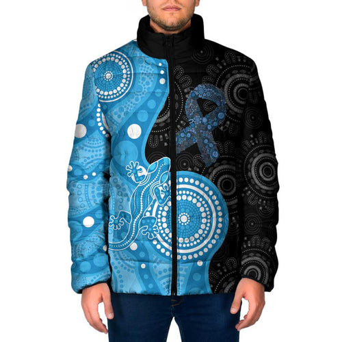 Australia Autism Awareness Month Padded Jacket Indigenous Lizard With Blue Ribbon - Aussie Hoodie