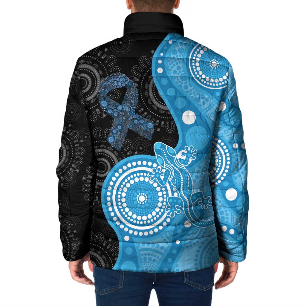 Australia Autism Awareness Month Padded Jacket Indigenous Lizard With Blue Ribbon - Aussie Hoodie