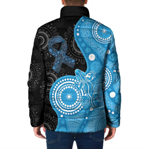 Australia Autism Awareness Month Padded Jacket Indigenous Lizard With Blue Ribbon - Aussie Hoodie
