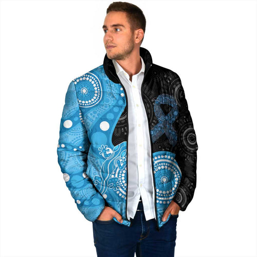 Australia Autism Awareness Month Padded Jacket Indigenous Lizard With Blue Ribbon - Aussie Hoodie
