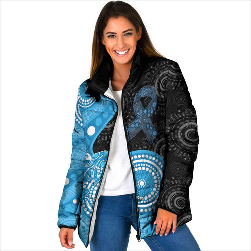 Australia Autism Awareness Month Padded Jacket Indigenous Lizard With Blue Ribbon - Aussie Hoodie