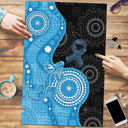 Australia Autism Awareness Month Puzzle Indigenous Lizard With Blue Ribbon - Aussie Hoodie