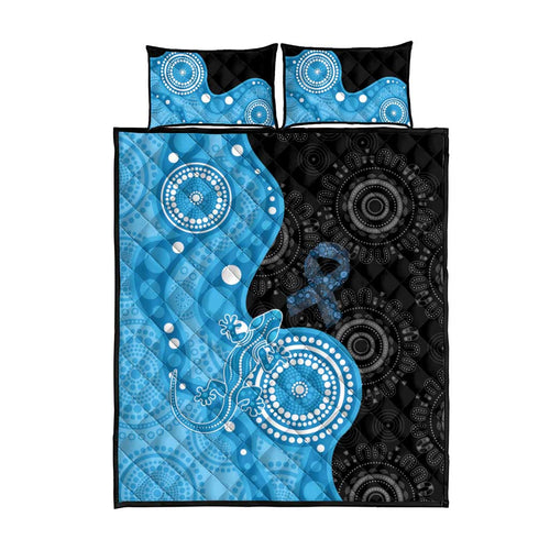 Australia Autism Awareness Month Quilt Bed Set Indigenous Lizard With Blue Ribbon - Aussie Hoodie