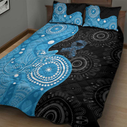 Australia Autism Awareness Month Quilt Bed Set Indigenous Lizard With Blue Ribbon - Aussie Hoodie