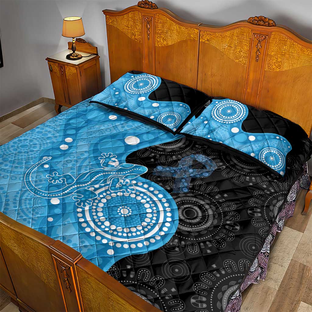 Australia Autism Awareness Month Quilt Bed Set Indigenous Lizard With Blue Ribbon - Aussie Hoodie