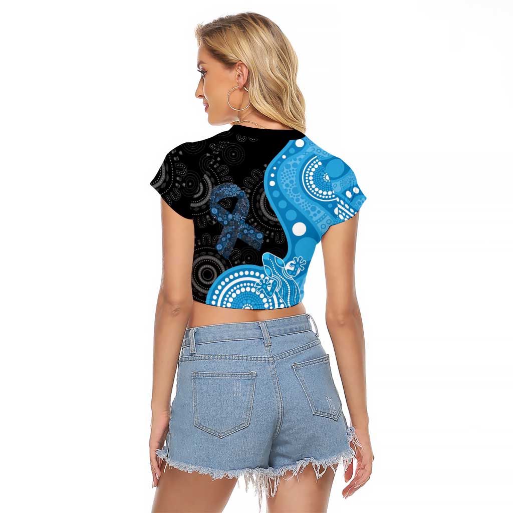 Australia Autism Awareness Month Raglan Cropped T Shirt Indigenous Lizard With Blue Ribbon - Aussie Hoodie