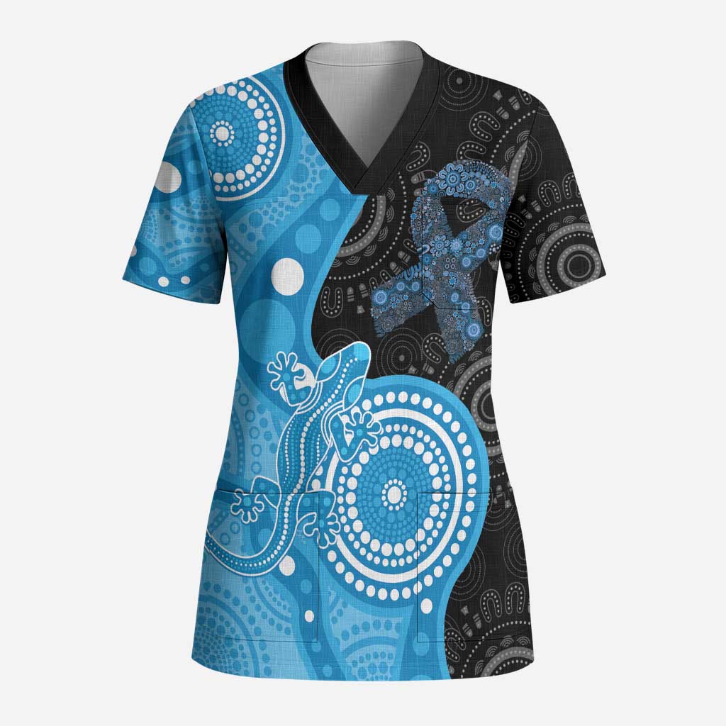 Australia Autism Awareness Month Scrub Top Indigenous Lizard With Blue Ribbon - Aussie Hoodie