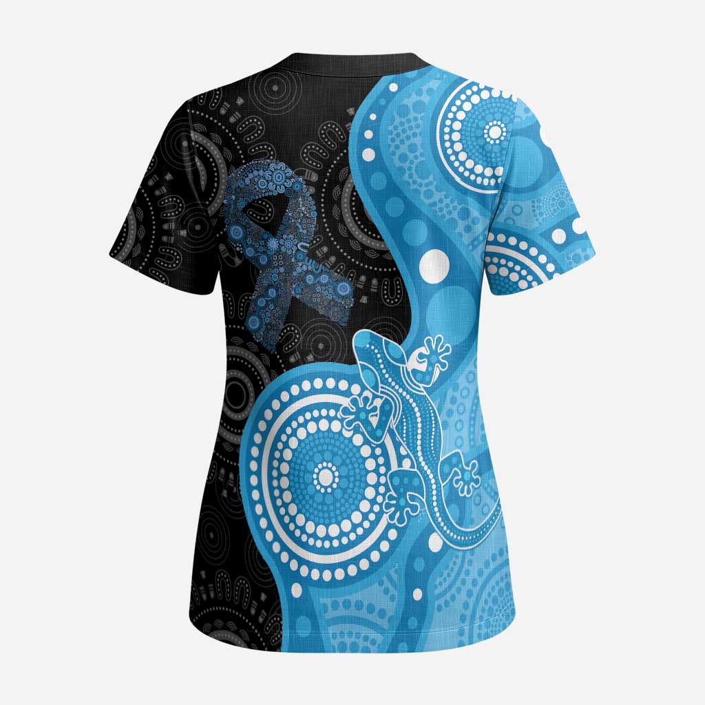 Australia Autism Awareness Month Scrub Top Indigenous Lizard With Blue Ribbon - Aussie Hoodie