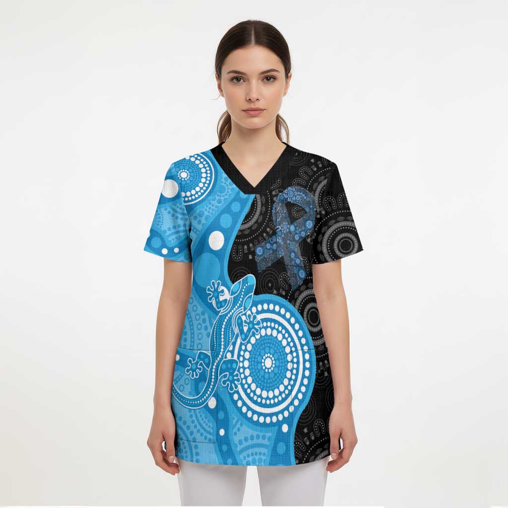 Australia Autism Awareness Month Scrub Top Indigenous Lizard With Blue Ribbon - Aussie Hoodie