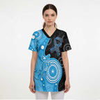 Australia Autism Awareness Month Scrub Top Indigenous Lizard With Blue Ribbon - Aussie Hoodie