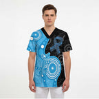 Australia Autism Awareness Month Scrub Top Indigenous Lizard With Blue Ribbon - Aussie Hoodie