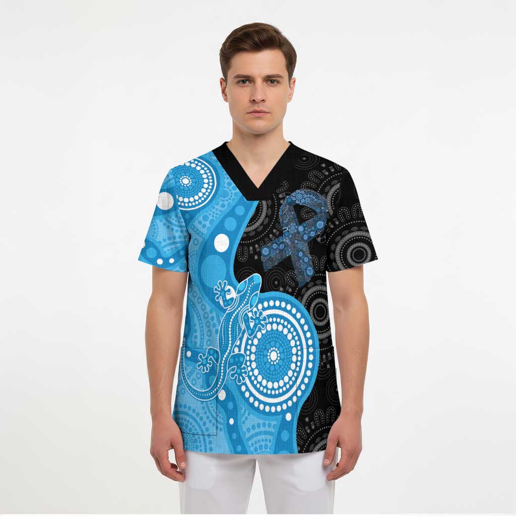 Australia Autism Awareness Month Scrub Top Indigenous Lizard With Blue Ribbon - Aussie Hoodie