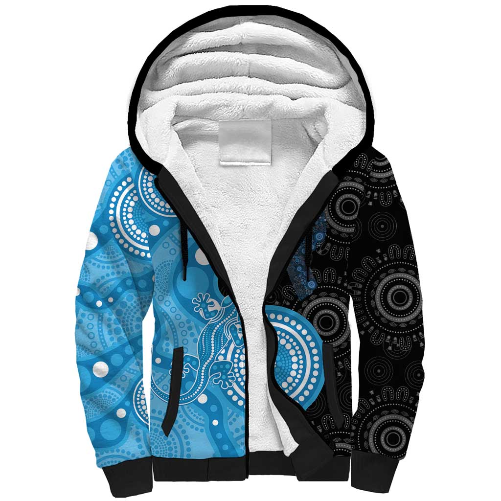 Australia Autism Awareness Month Sherpa Hoodie Indigenous Lizard With Blue Ribbon - Aussie Hoodie