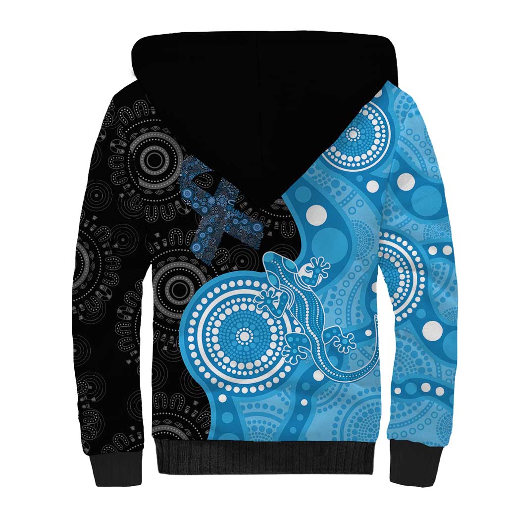 Australia Autism Awareness Month Sherpa Hoodie Indigenous Lizard With Blue Ribbon - Aussie Hoodie