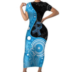 Australia Autism Awareness Month Short Sleeve Bodycon Dress Indigenous Lizard With Blue Ribbon - Aussie Hoodie