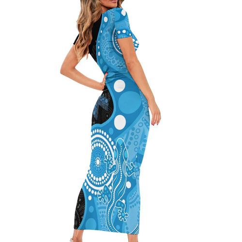 Australia Autism Awareness Month Short Sleeve Bodycon Dress Indigenous Lizard With Blue Ribbon - Aussie Hoodie