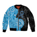 Australia Autism Awareness Month Sleeve Zip Bomber Jacket Indigenous Lizard With Blue Ribbon - Aussie Hoodie